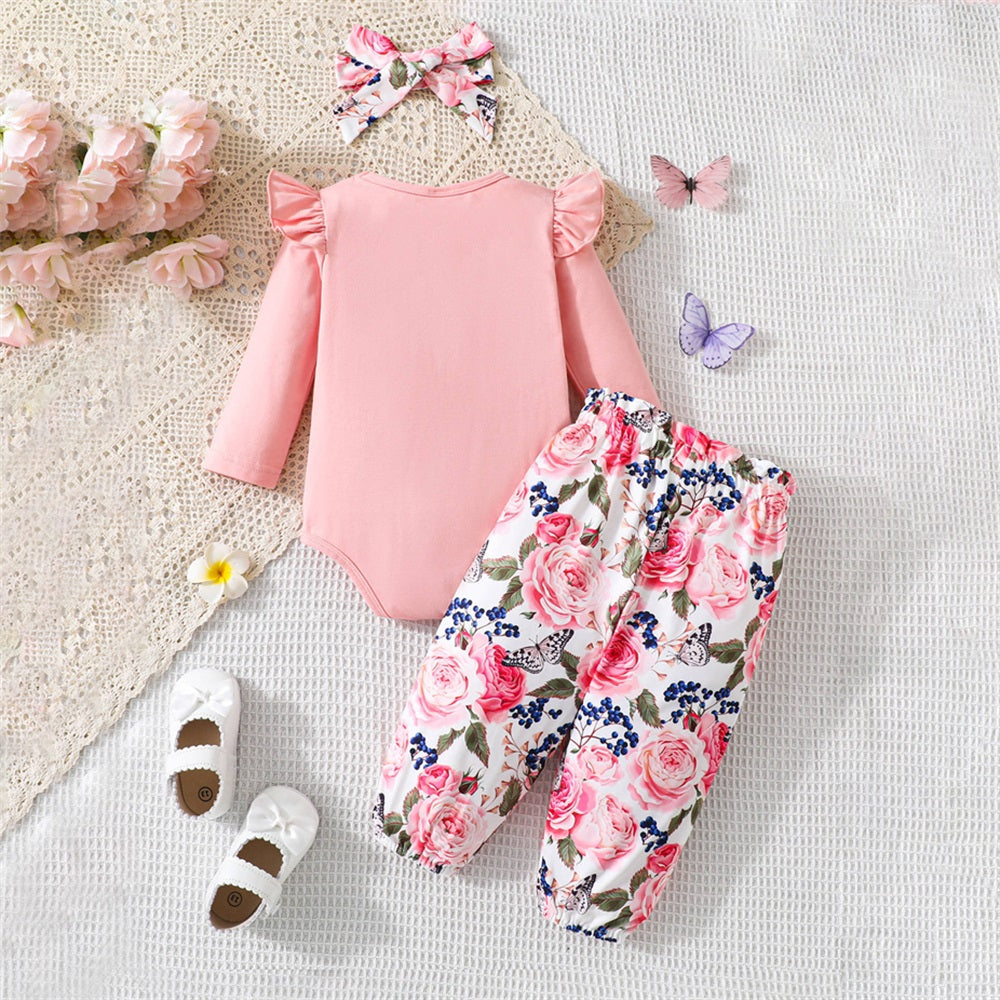 3PCS I'm My Daddy's Girl Letter Floral Print Long Sleeve Baby Set