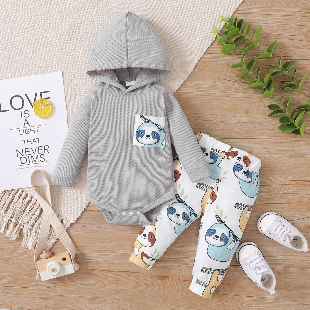 2PCS Lovely Sloth Printed Long Sleeve Hoodie Baby Set