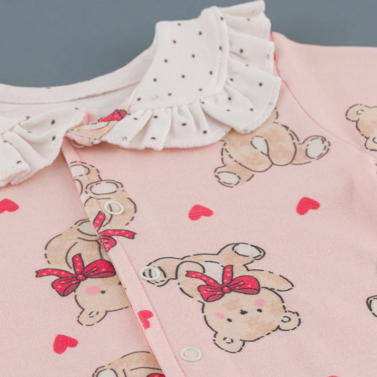 Lively Teddy Bear Heart Print Long Sleeve Baby Girl Jumpsuit