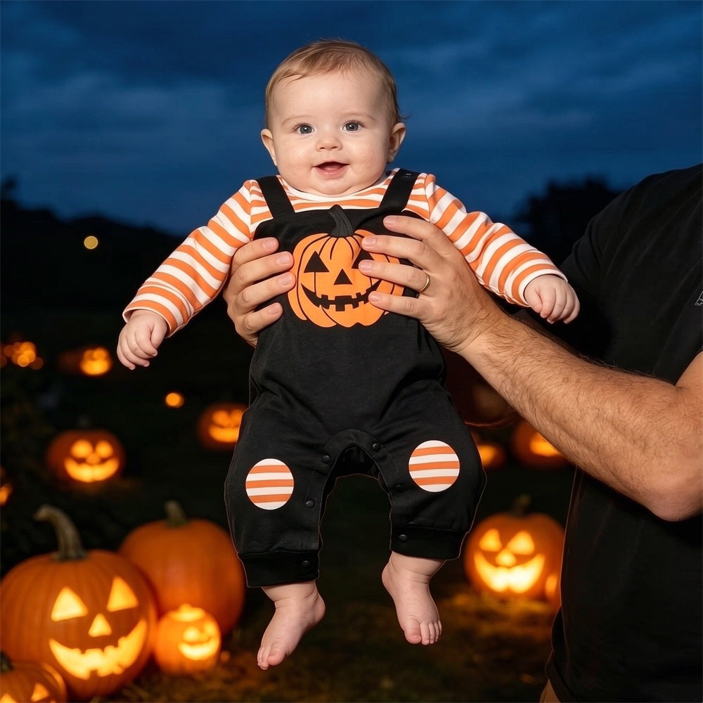 Adorable Halloween Pumpkin Stripe Print Long Sleeve Baby Jumpsuit