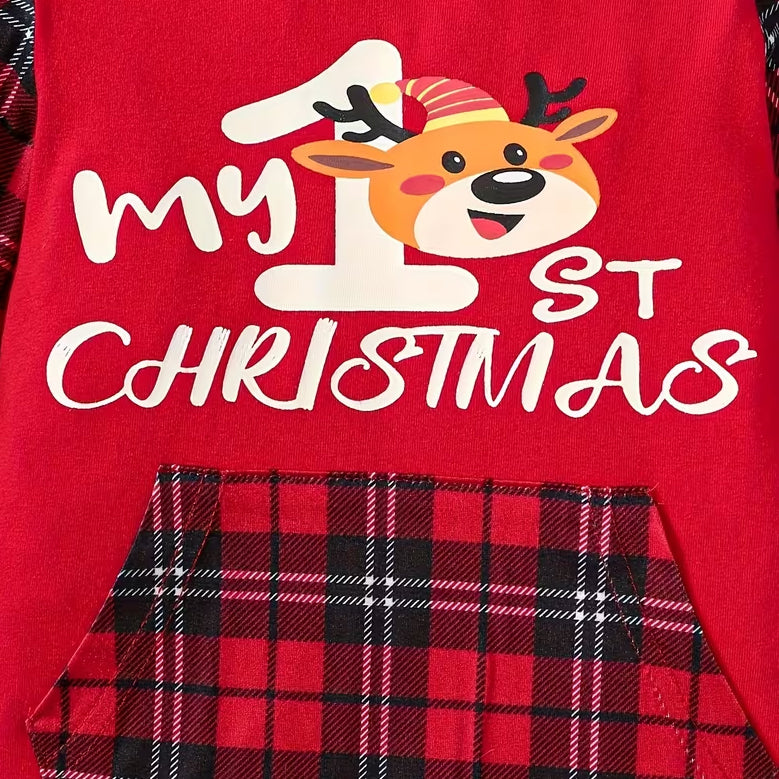 My 1st Christmas Letter Reindeer Plaid Print Baby Hoodie Jumpsuit