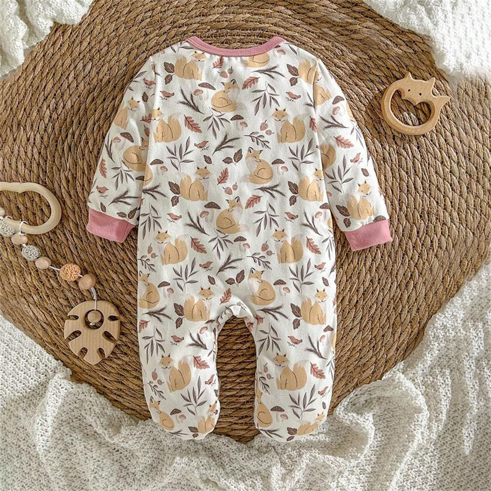 Adorable Fox Print Long Sleeve Baby Jumpsuit
