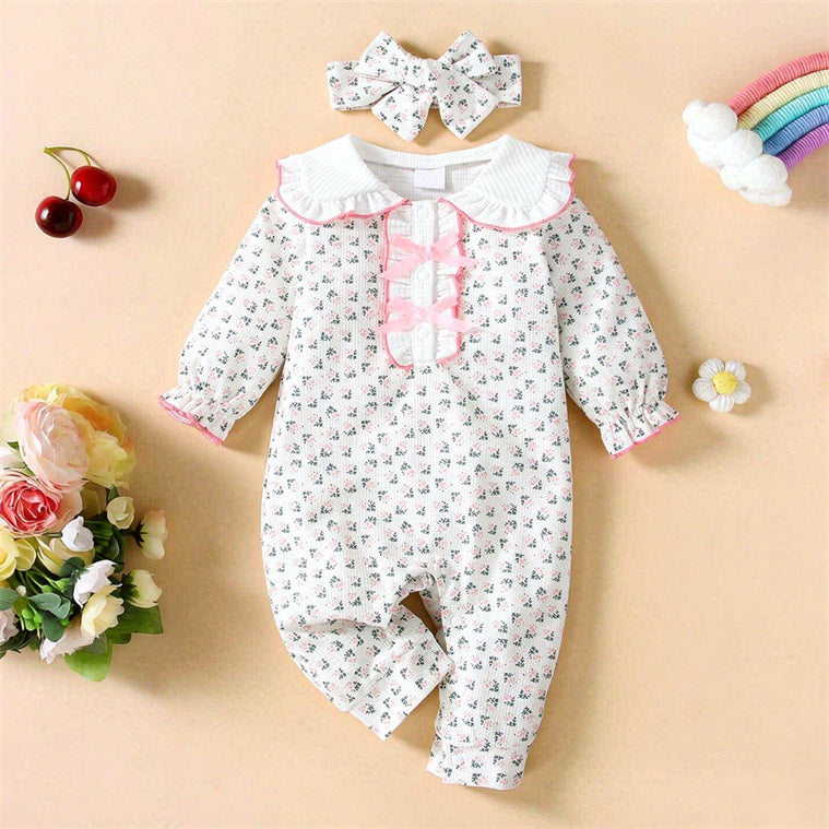 2PCS Sprightly Floral Printed Bowknot Long Sleeve Baby Jumpsuit