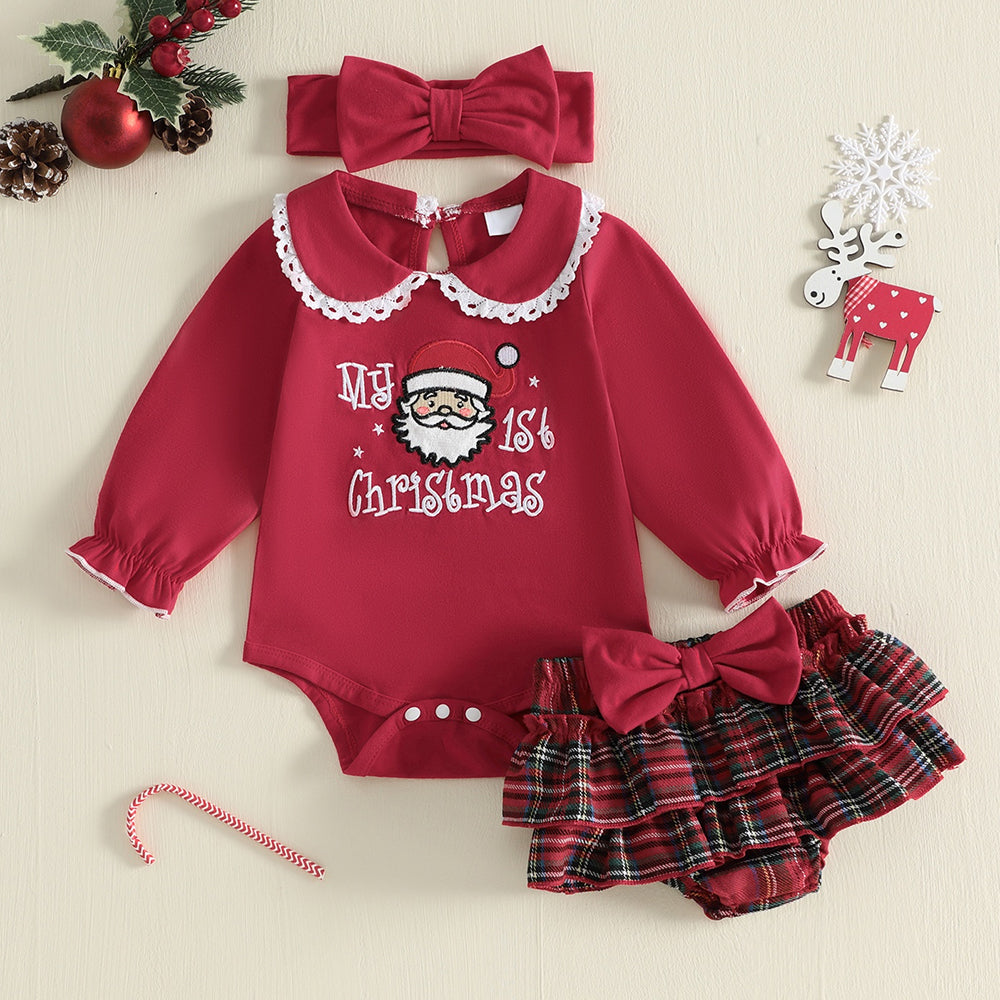 3PCS My 1st Christmas Santa Claus Embroidered Plaid Printed Baby Set