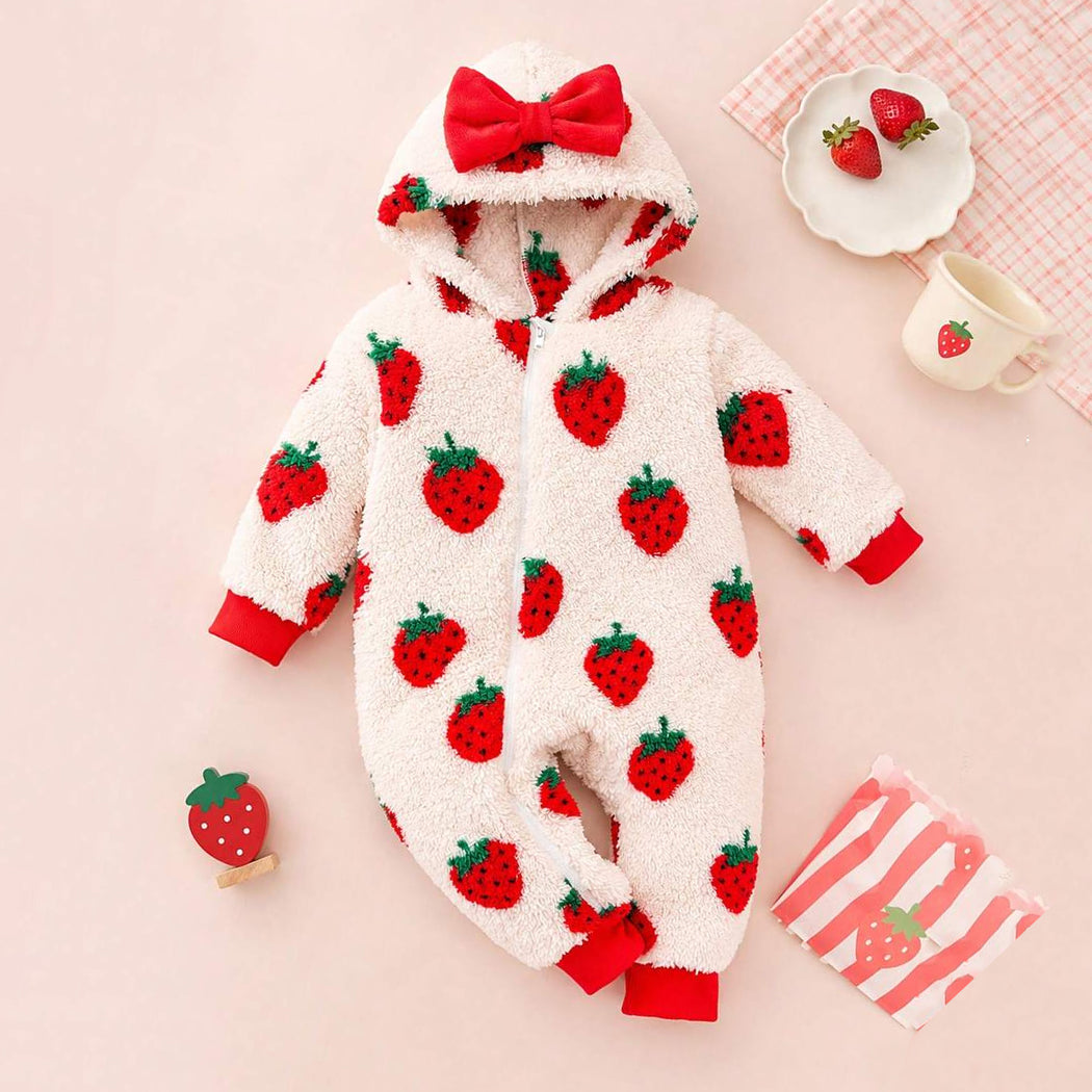 Cute Strawberry Printed Zipper Long Sleeve Fleece Baby Hooded Jumpsuit