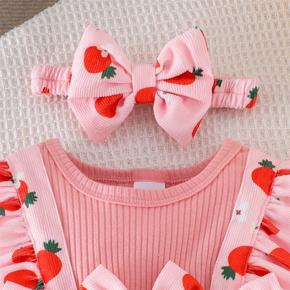 2PCS Sweet Strawberry Print Bow Long Sleeve Baby Jumpsuit