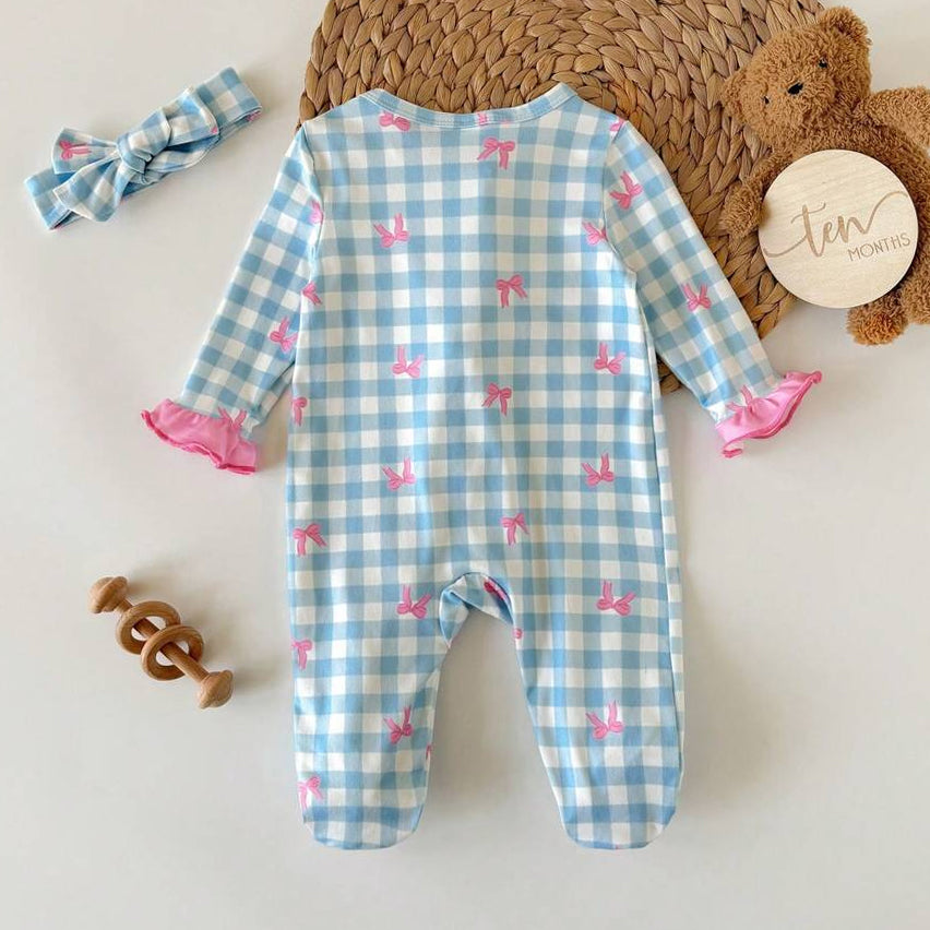 2PCS Pretty Plaid Bow Print Long Sleeve Zipper Baby Jumpsuit