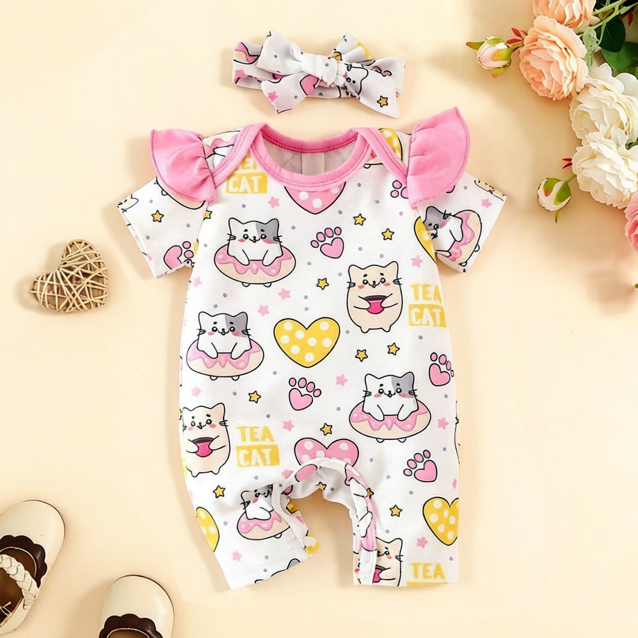 2PCS Tea Cat Letter Cartoon Cat Donut Print Baby Jumpsuit
