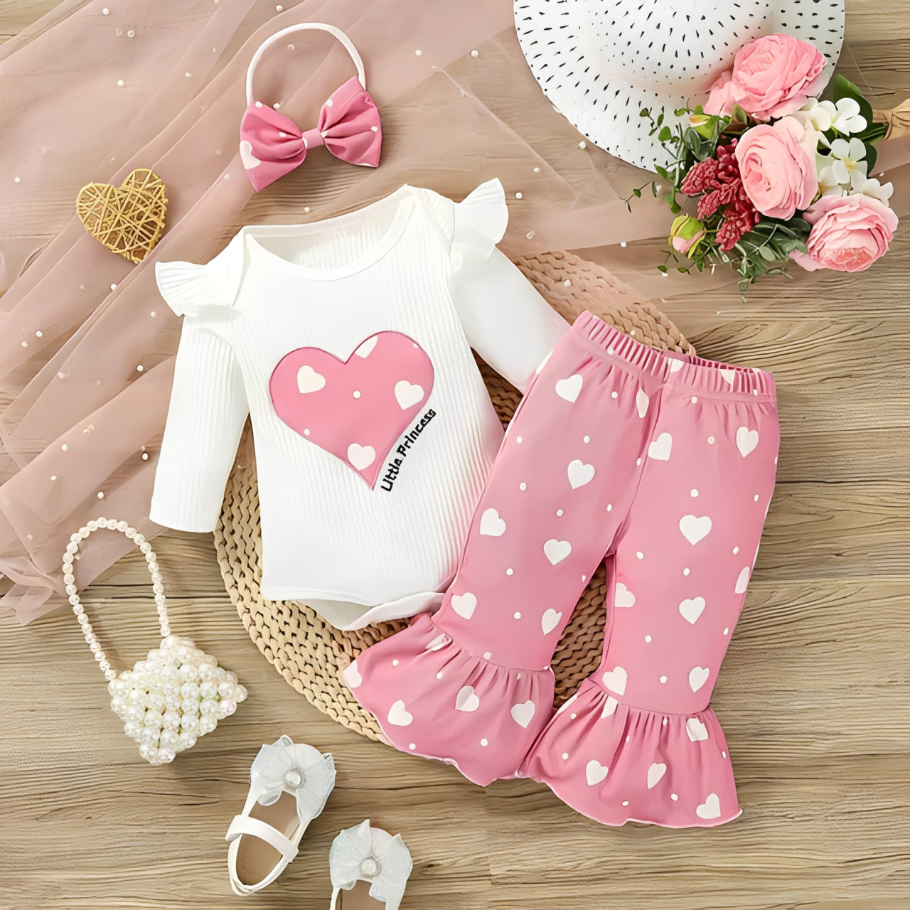 3PCS Lovely Little Princess Letter Heart Print Baby Set