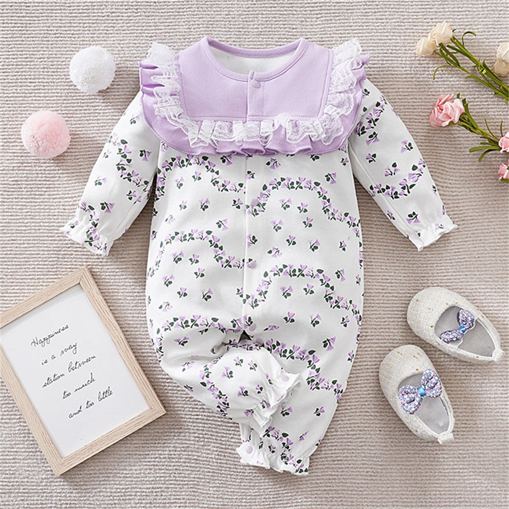 Stylish Floral Print Lace Trim Long Sleeve Baby Jumpsuit