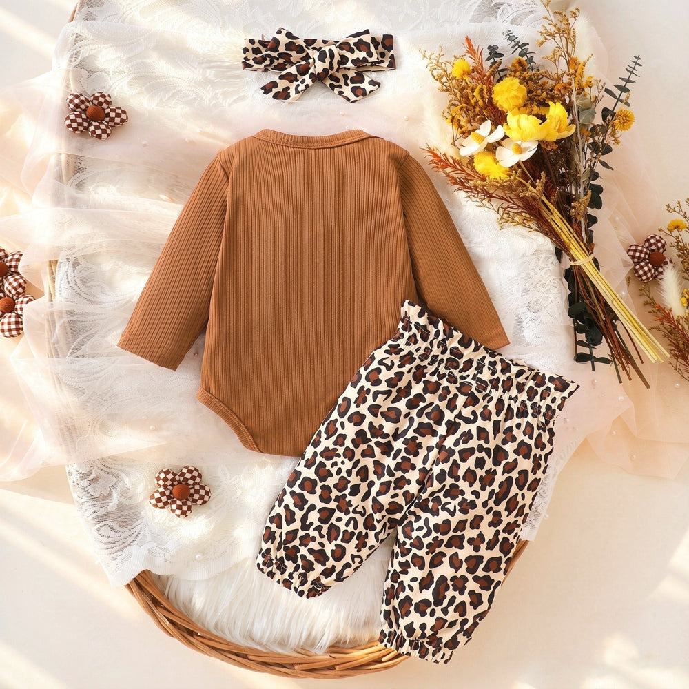 3PCS Casual Leopard Print Bow Long Sleeve Baby Girl Set