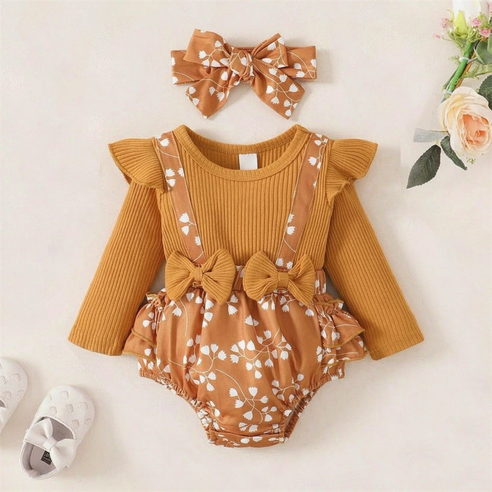 2PCS Lovely Floral Printed Bowknot Decor Long Sleeve Baby Romper