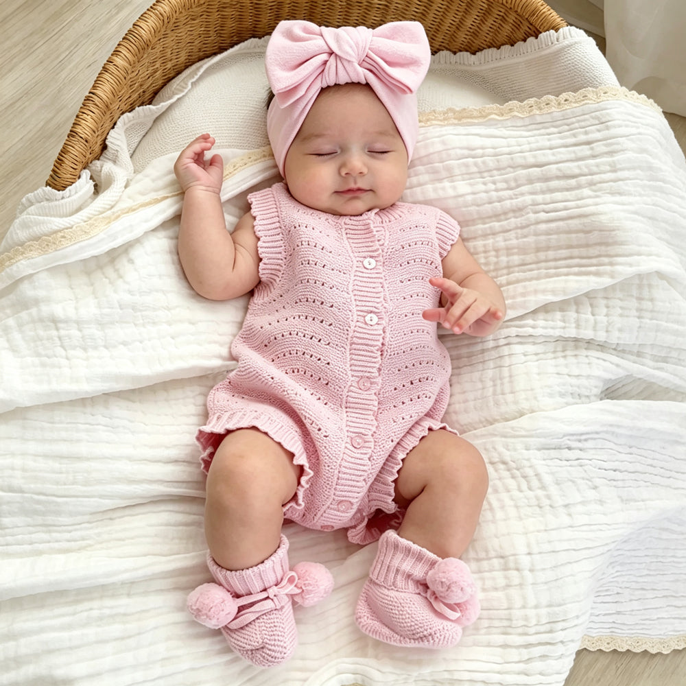 2PCS Lovely Solid Color Knit Flutter Sleeve Baby Jumpsuit