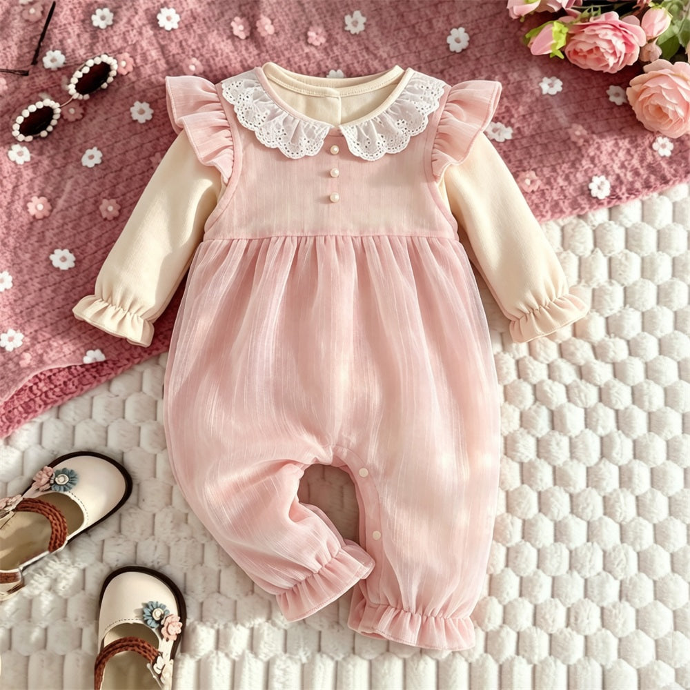 Pretty Color Blocking Mesh Long Sleeve Baby Jumpsuit