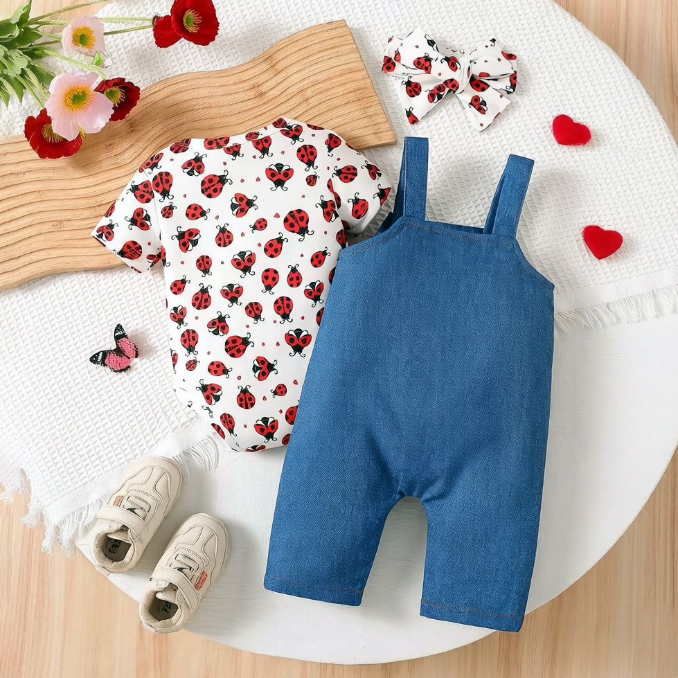 3PCS Cute Ladybug Printed Short Sleeve Denim Overalls Baby Set