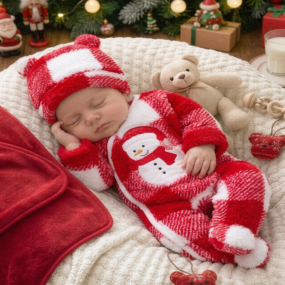 2PCS Lovely Santa Applique Plaid Print Fleece Long Sleeve Baby Jumpsuit