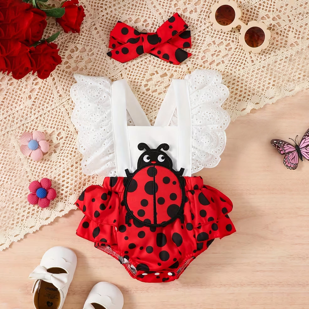 2PCS Ladybug Polka Dot Printed Butterfly Wing Baby Romper