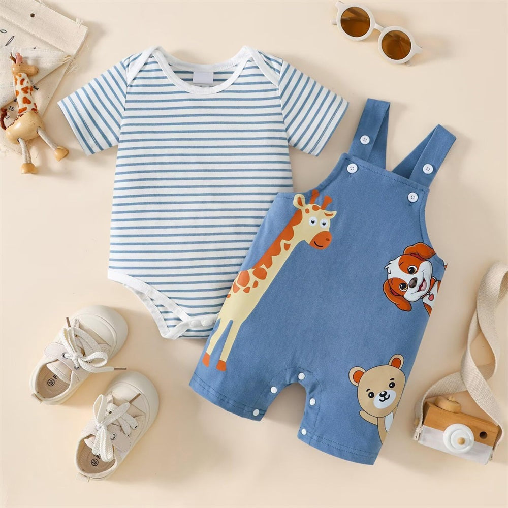 2PCS Cartoon Animal Printed Striped Short Sleeve Baby Set