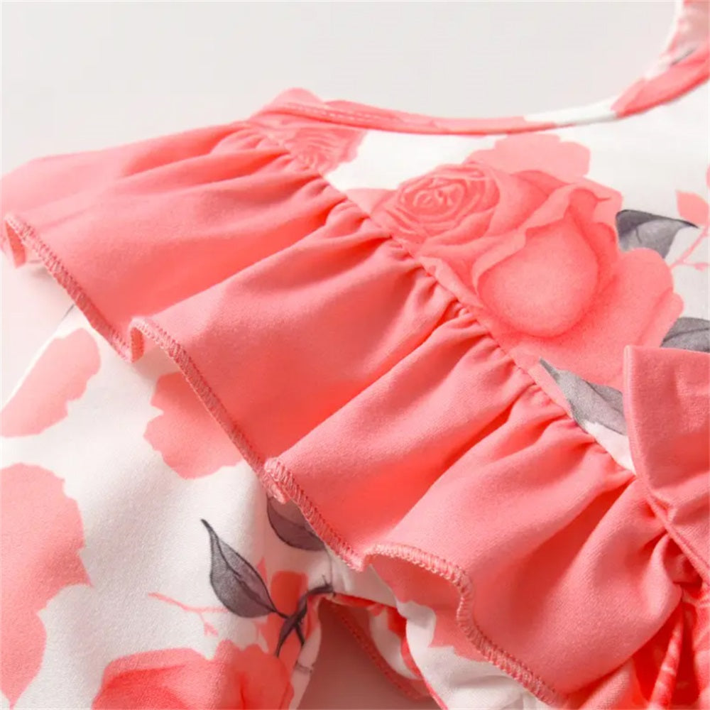 2PCS Floral Print Ruffled Long Sleeve Baby Jumpsuit