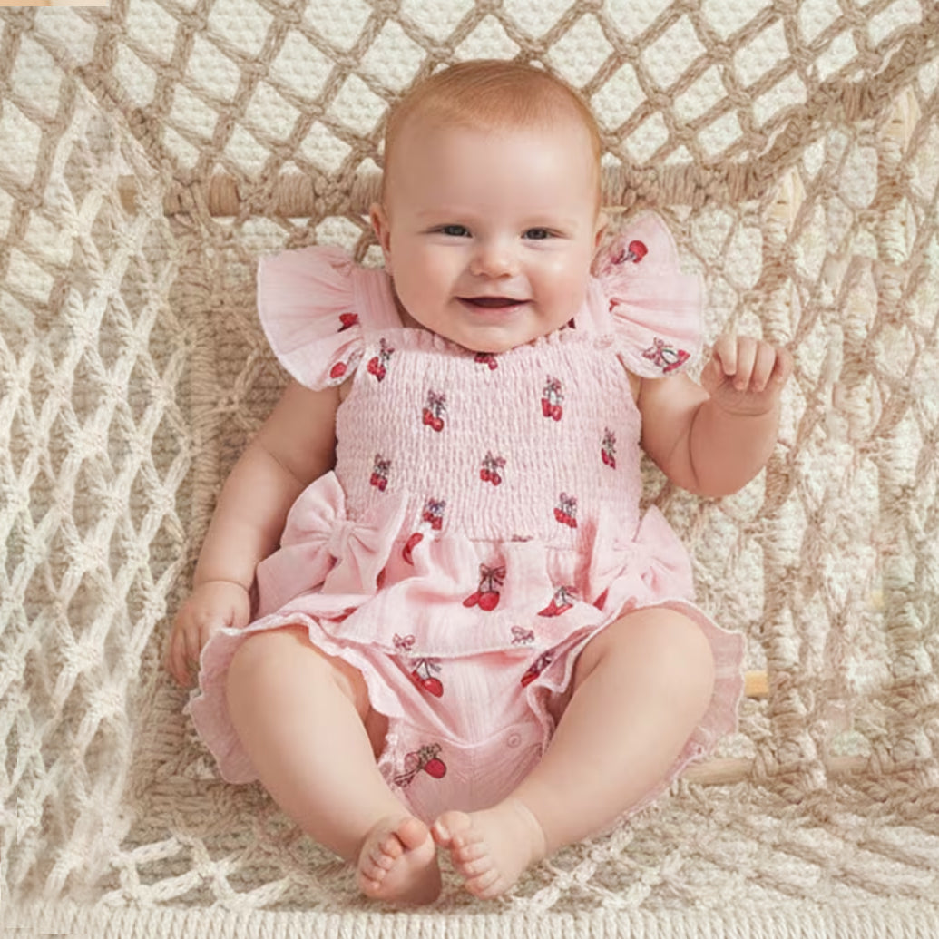 2PCS Summer Cherry Printed Ruffled Fly Sleeve Baby Set