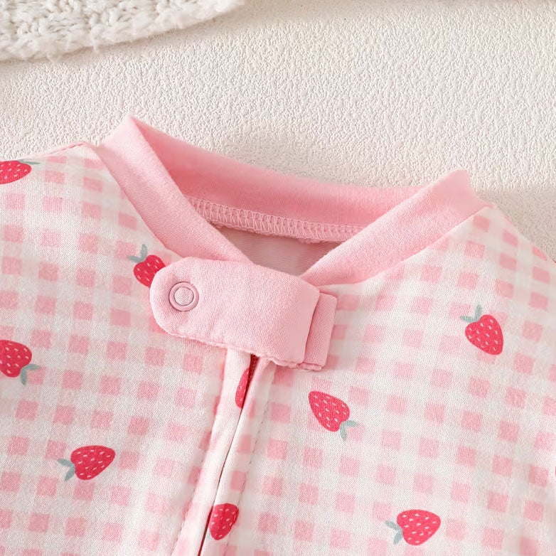 Pretty Strawberry Plaid Printed Long Sleeve Zipper Baby Jumpsuit