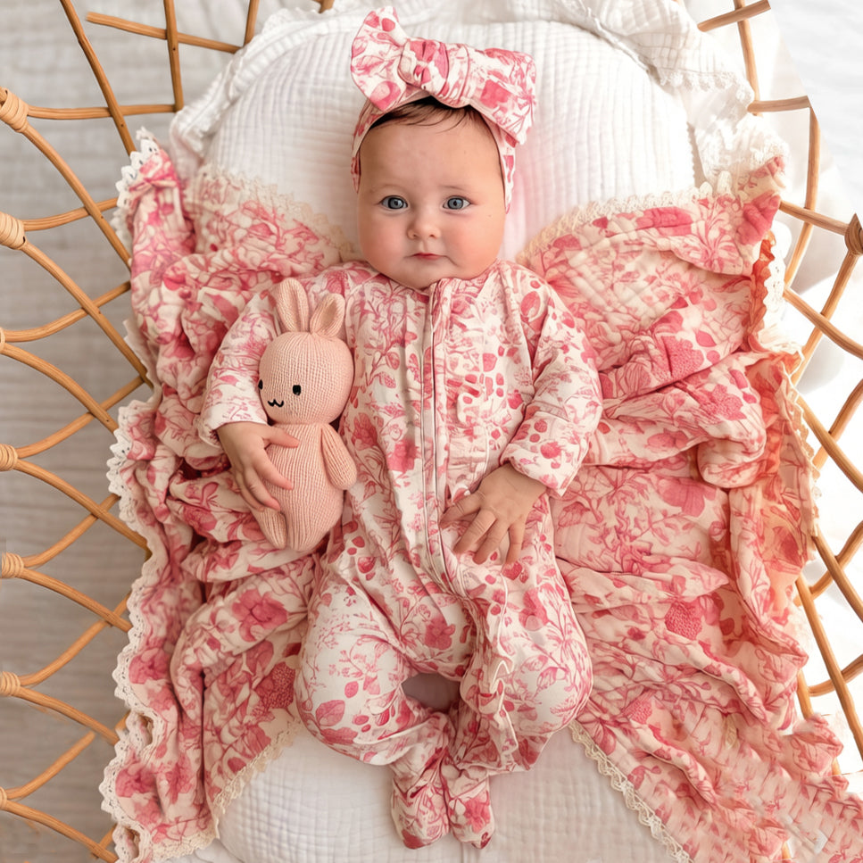 2PCS Romantic Floral Print Zipper Long Sleeve Baby Jumpsuit