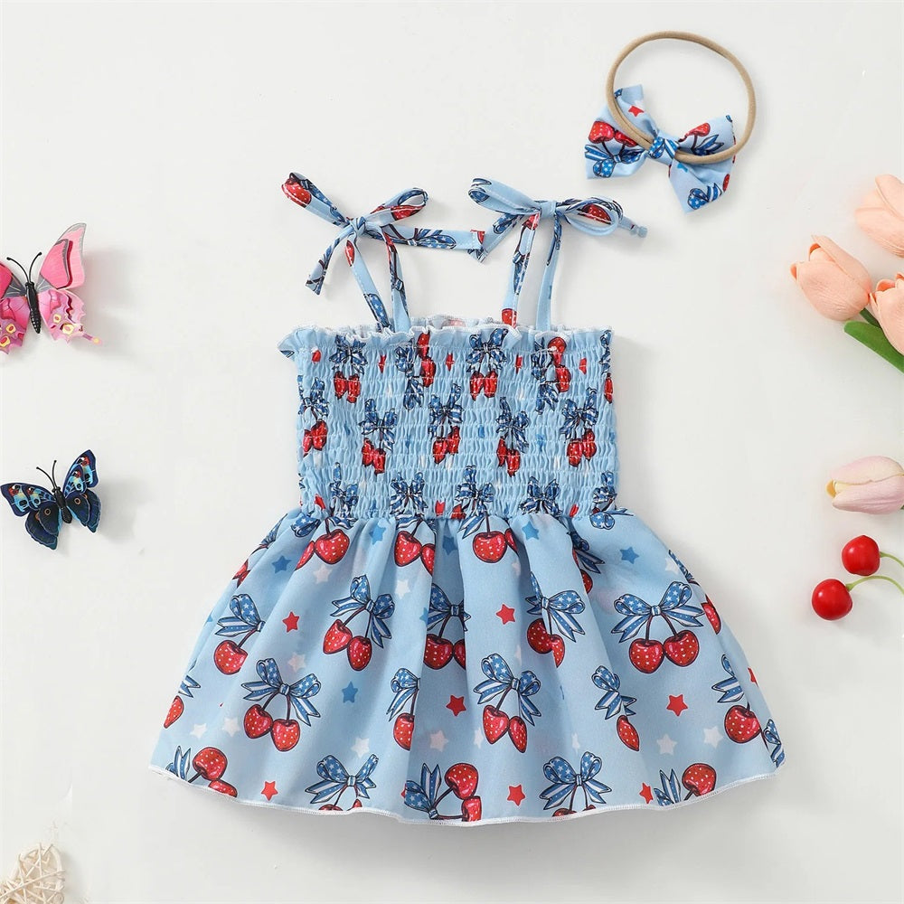 2PCS Summer Cherries Printed Suspender Baby Romper