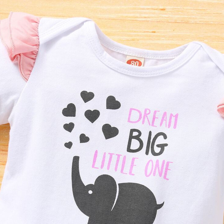 3PCS Dream Big Little One Letter Elephant Print Short Sleeve Baby Set