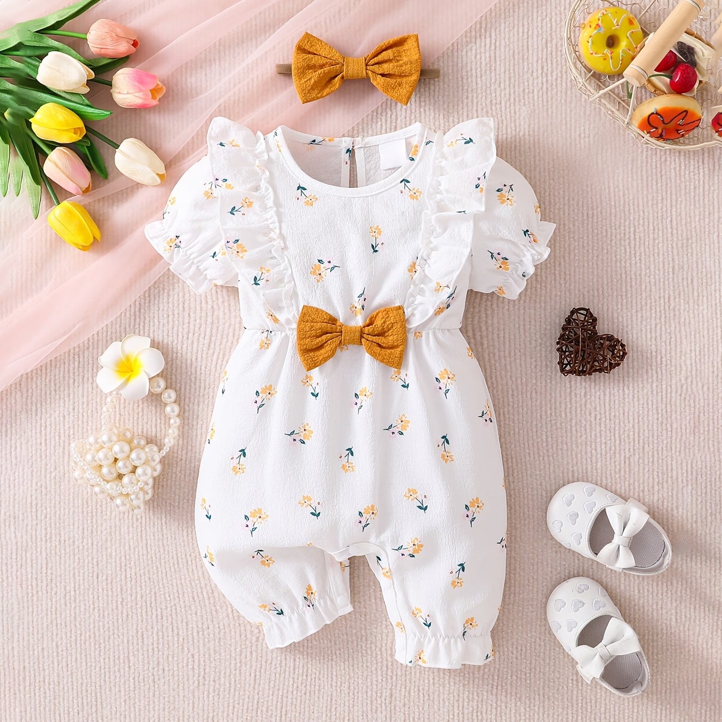 2PCS Cheerful Floral Print Baby Girl Jumpsuit