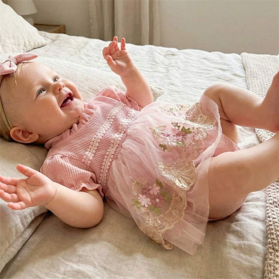 2PCS Summer Floral Embroidery Short Sleeve Lace Tulle Baby Romper