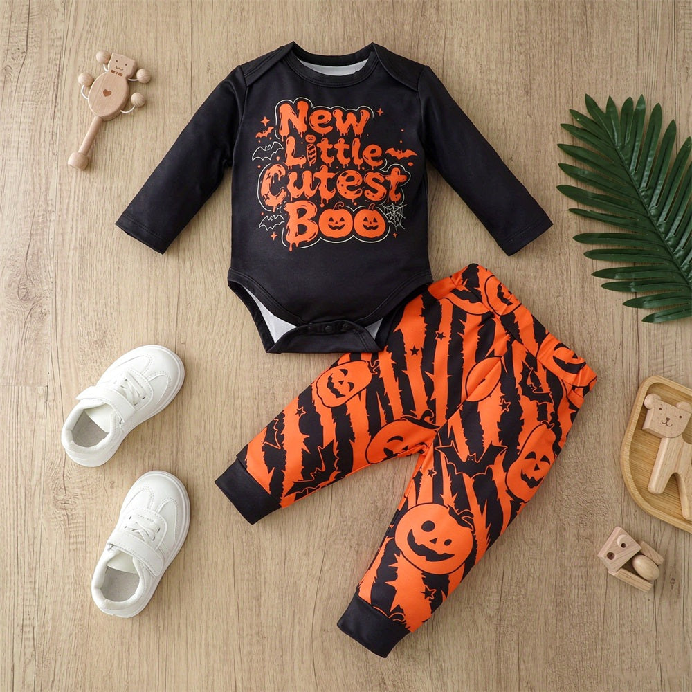 2PCS Halloween New Little Cutest Boo Letter Pumpkin Print Baby Set