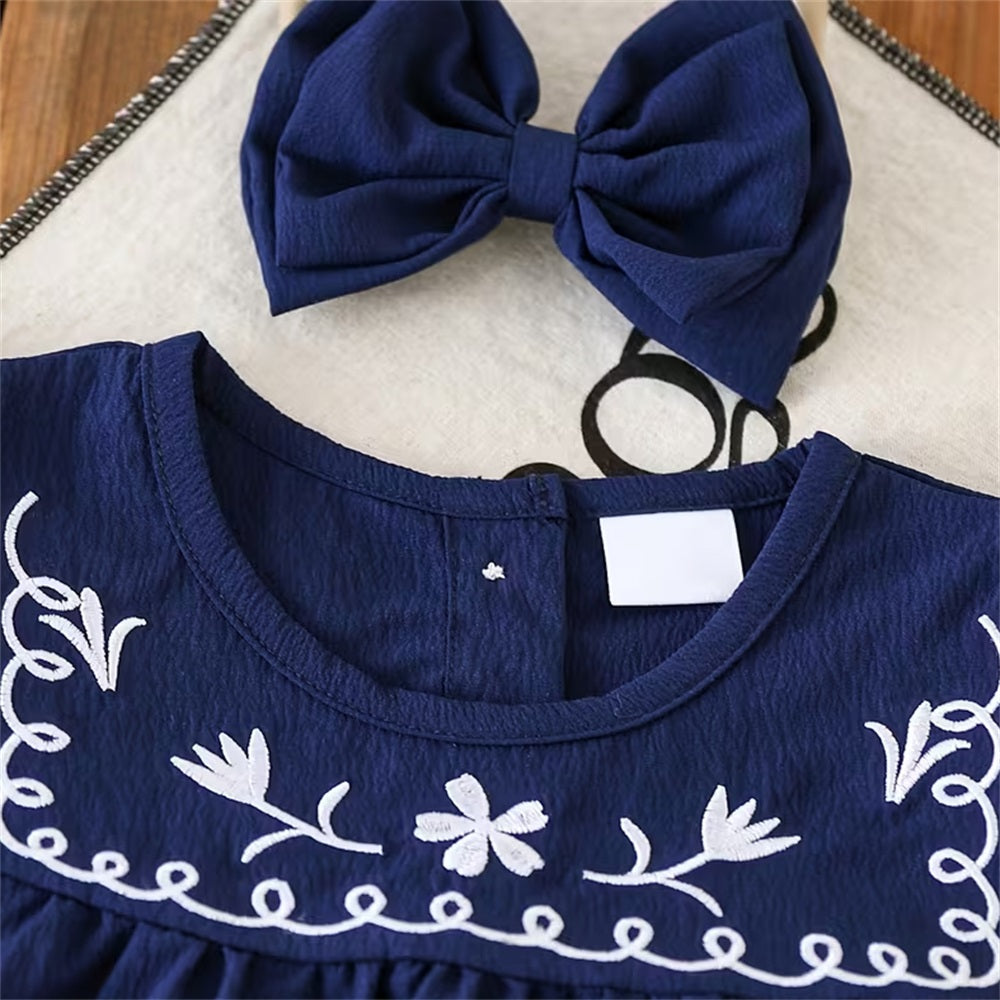 2PCS Stylish Floral Embroidery Flounce Sleeve Baby Jumpsuit