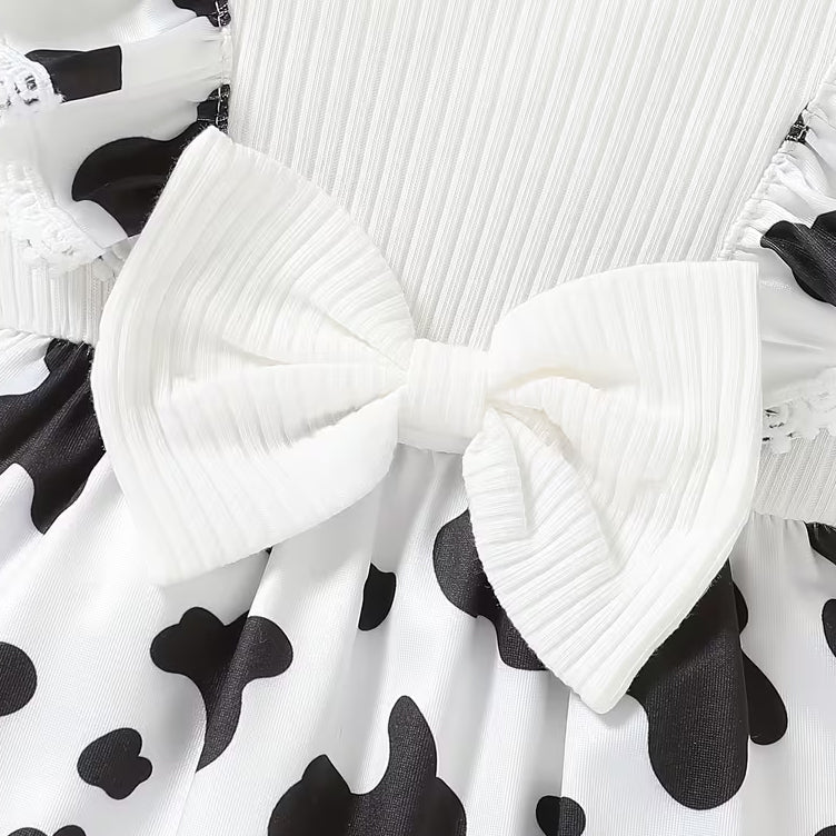 2PCS Chic Cow Print Ruffle Decor Long Sleeve Baby Girl Jumpsuit