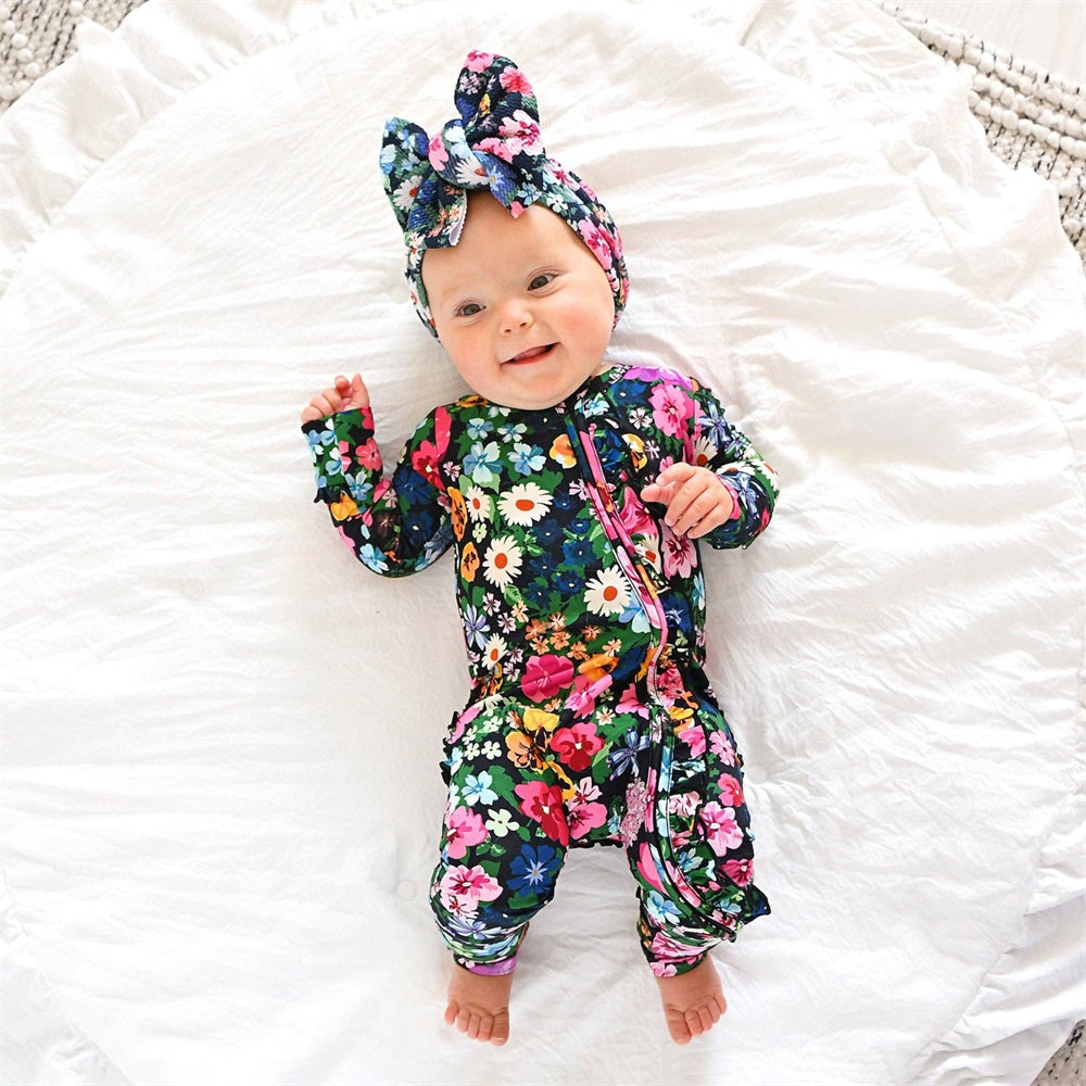 2PCS Allover Floral Print Ruffle Long Sleeve Baby Jumpsuit
