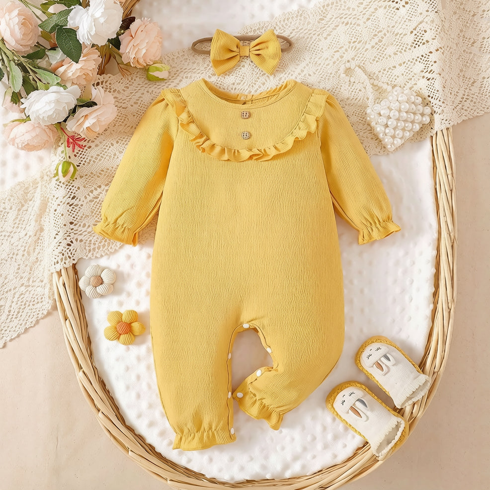 2PCS Classy Solid Color Ruffle Long Sleeve Baby Jumpsuit