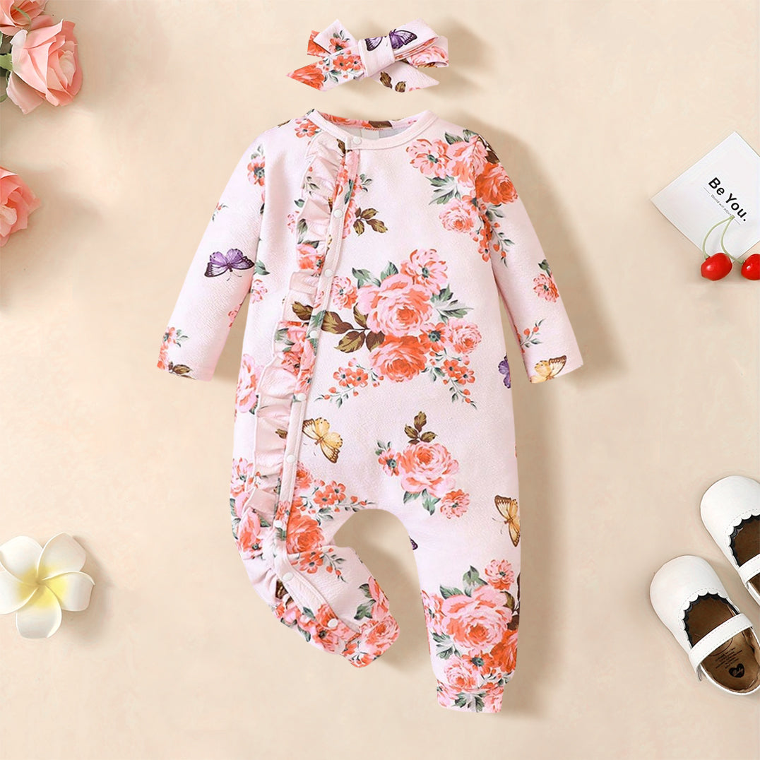2PCS Gorgeous Floral Print Baby Jumpsuit