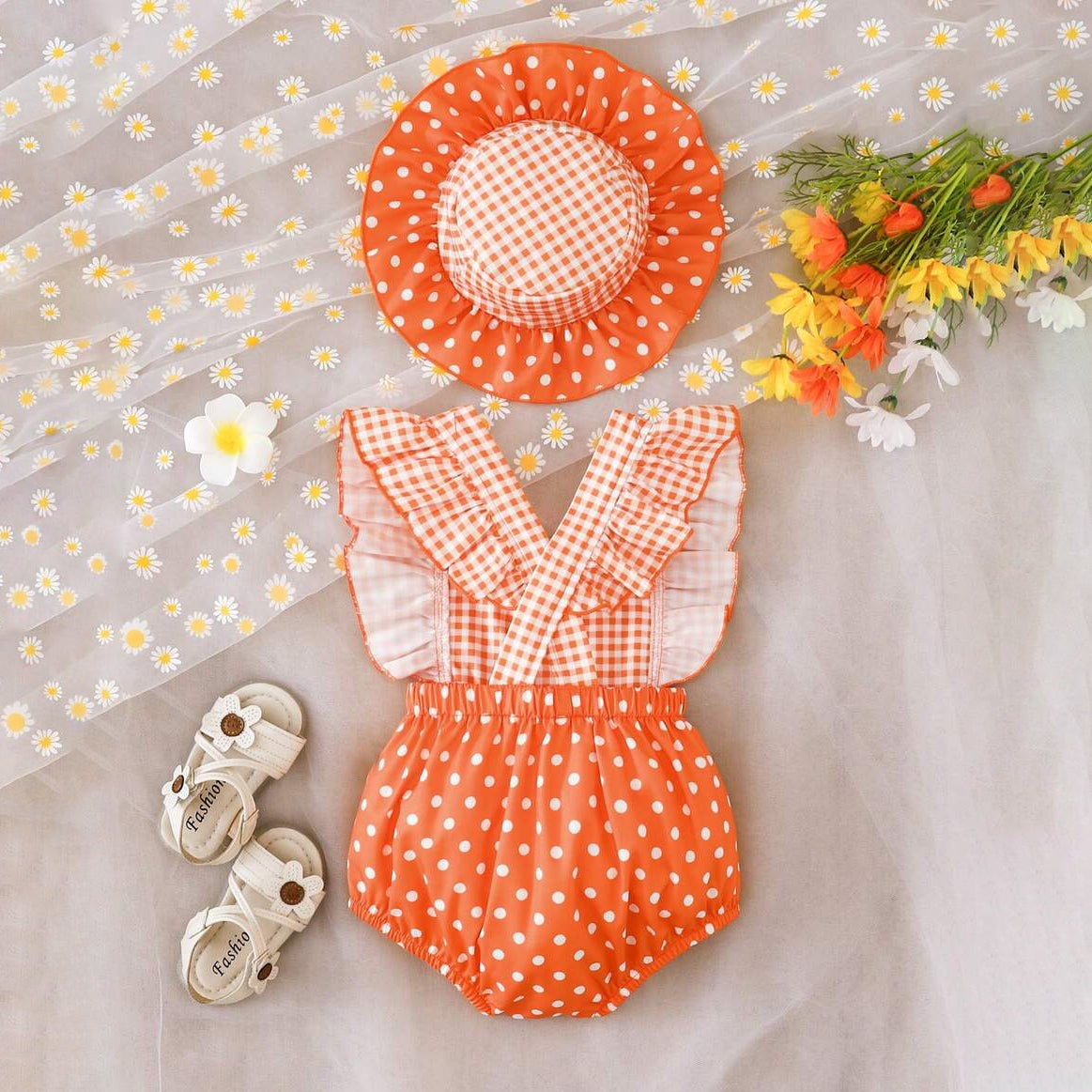 2PCS Polka Dots Plaid Printed Flutter Sleeve Baby Romper