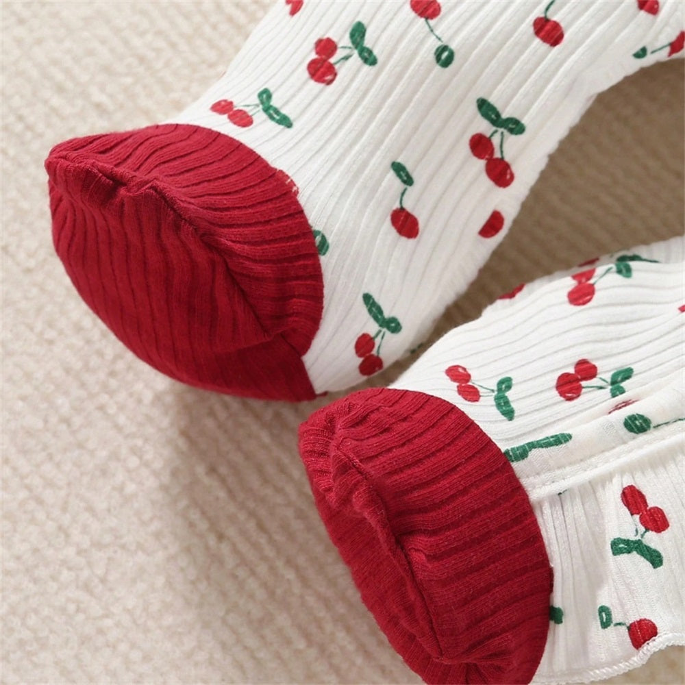 3PCS Trendy Adorable Cherry Print Long Sleeve Baby Jumpsuit