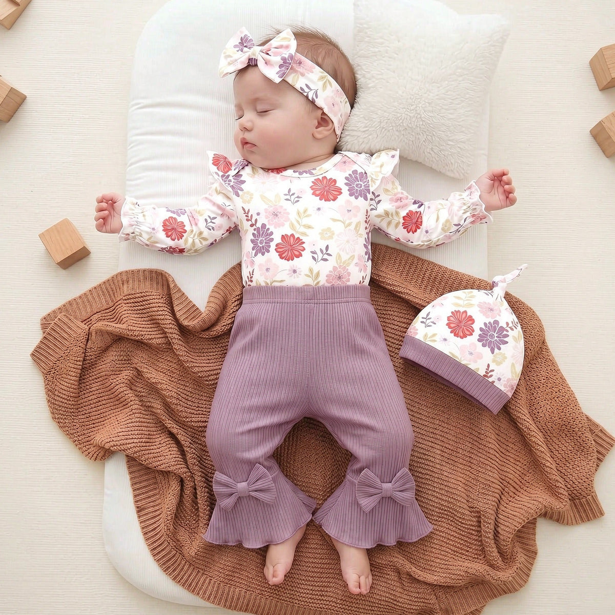 4PCS Cheerful Baby Girl Floral Print Bow Long Sleeve Set