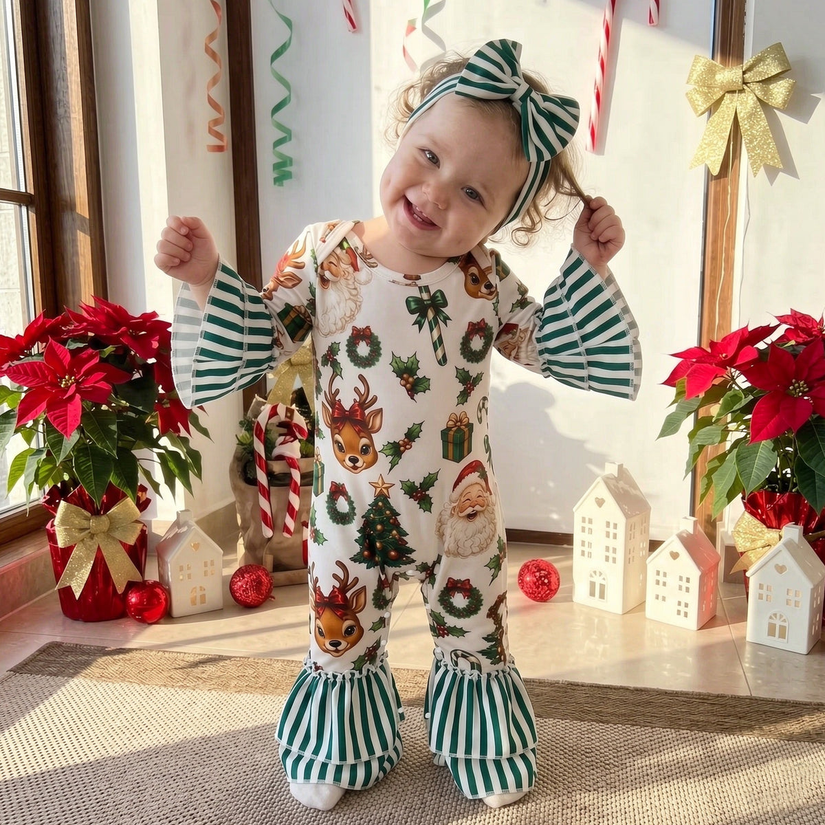 2PCS Baby Girl Holiday Printed Striped Long Sleeve Christmas Jumpsuit