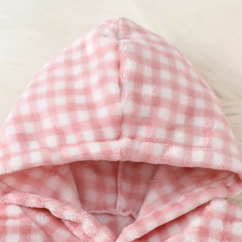 2PCS Fuzzy Plaid Printed Hooded Long Sleeve Baby Set