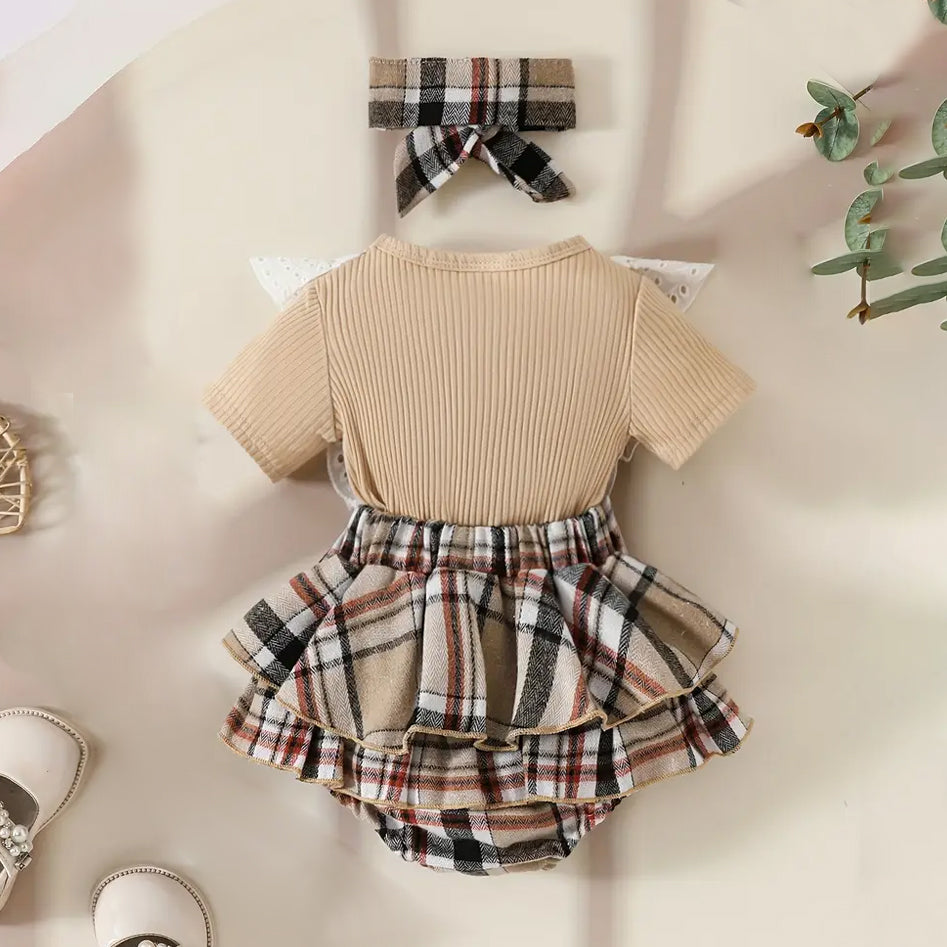 2PCS Plaid Printed Lace Trim Short Sleeve Baby Romper