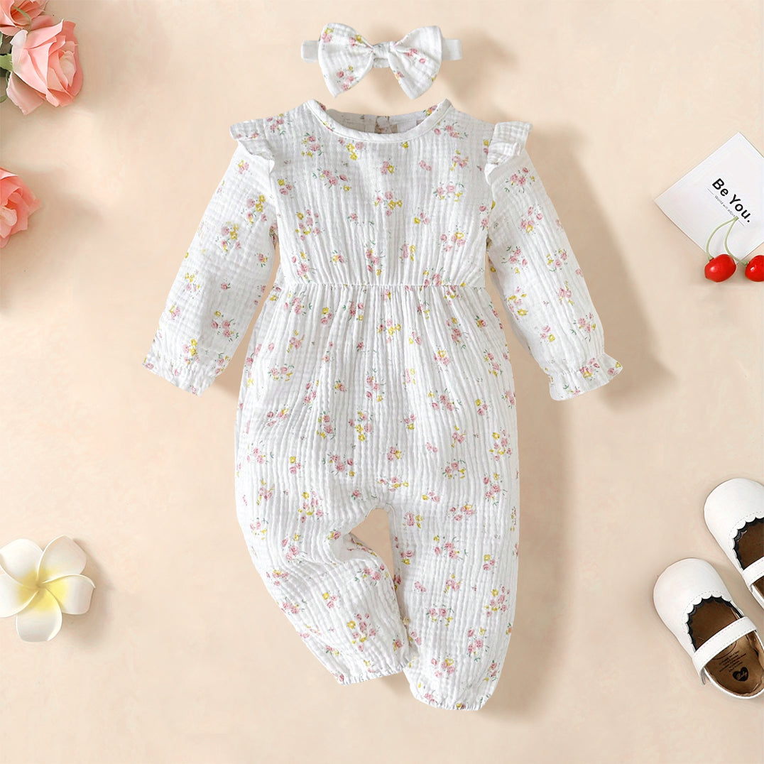 2PCS Cheerful Floral Print Long Sleeve Baby Jumpsuit