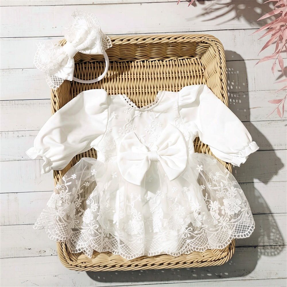 2PCS Gorgeous Solid Color Long Sleeve Floral Embroidery Baby Romper