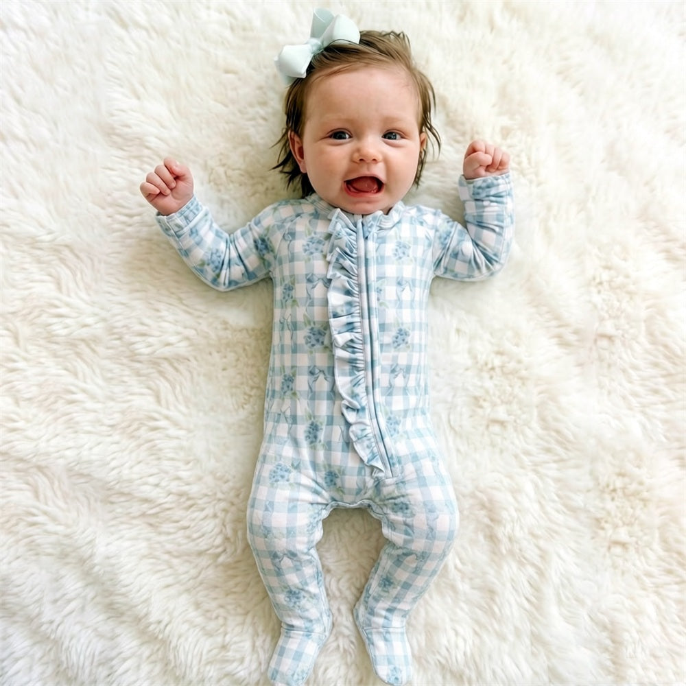 Adorable Floral Plaid Print Long Sleeve Zipper Baby Jumpsuit