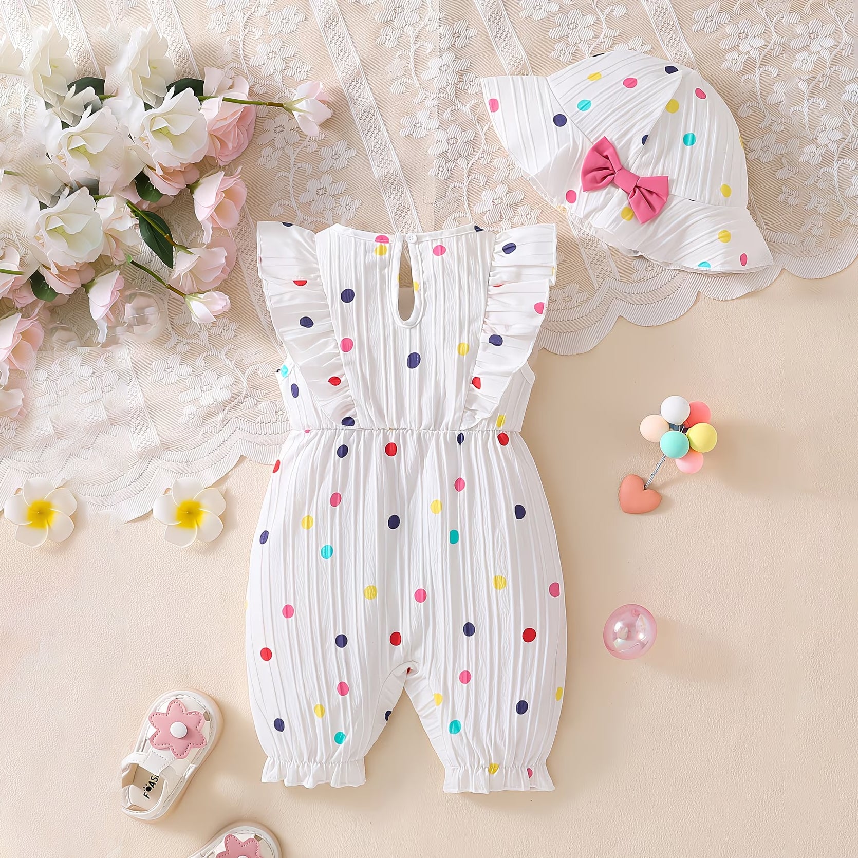 2PCS Lovely Polka Dots Print Ruffle Sleeveless Baby Jumpsuit