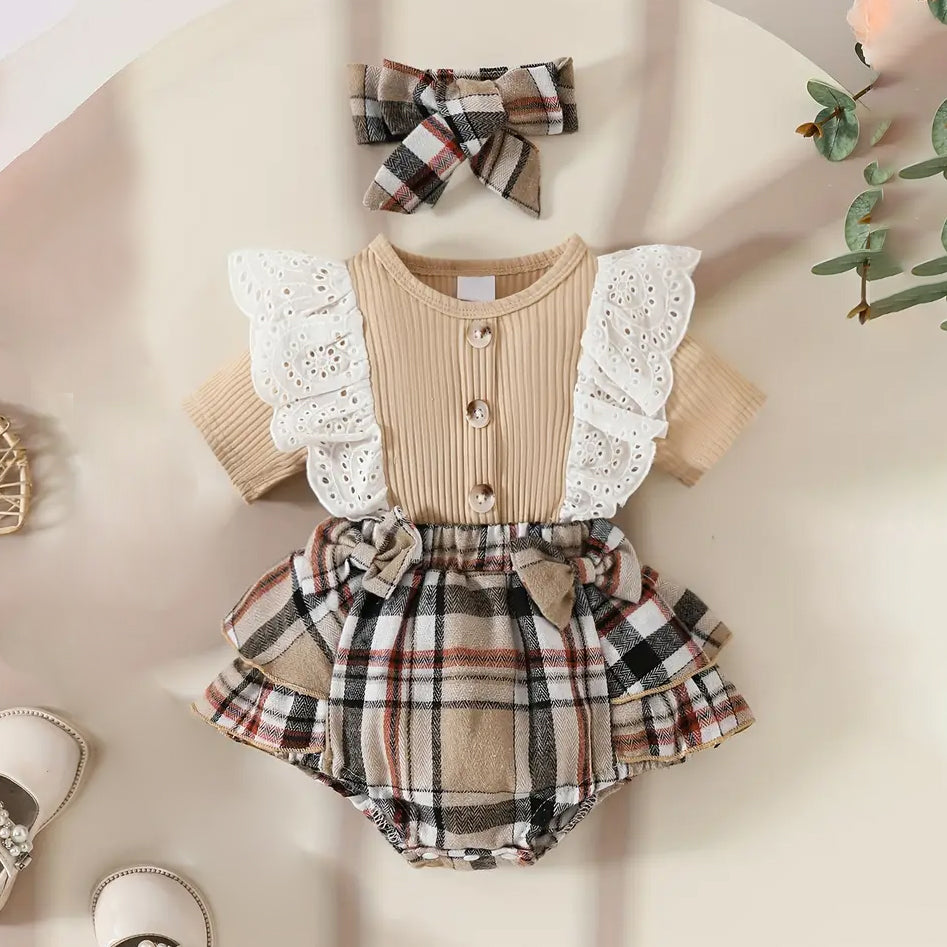 2PCS Plaid Printed Lace Trim Short Sleeve Baby Romper