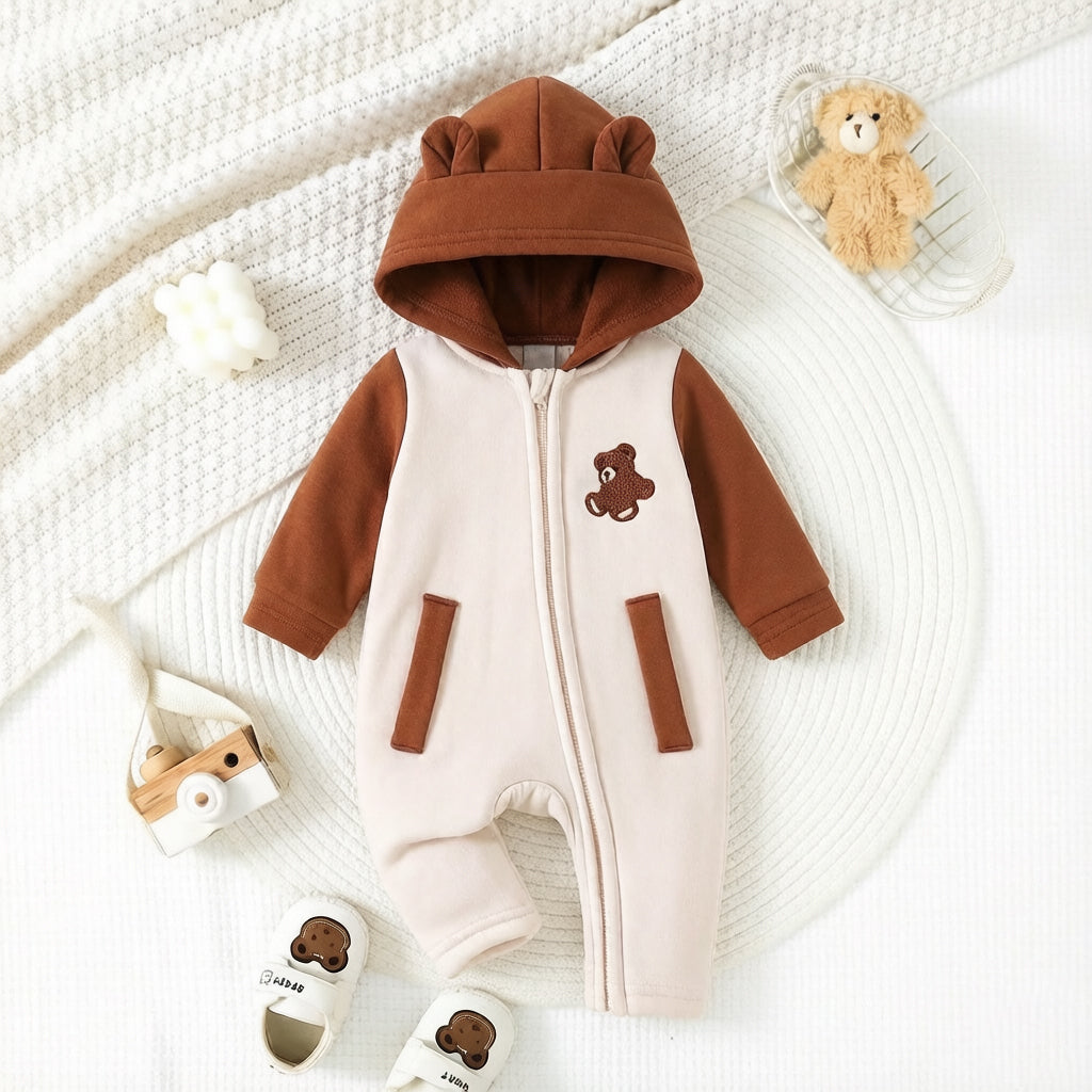 Cute Bear Appliqué Long Sleeve Zipper Hoodie Baby Jumpsuit