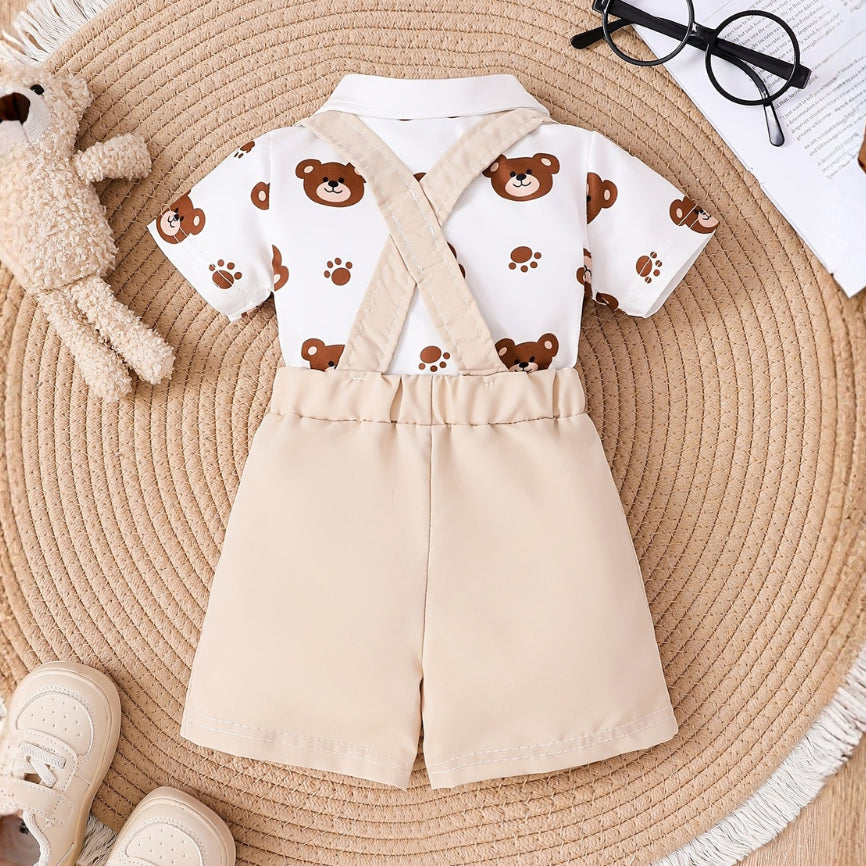 2PCS Lovely Bear Print Short Sleeve Baby Overalls Set
