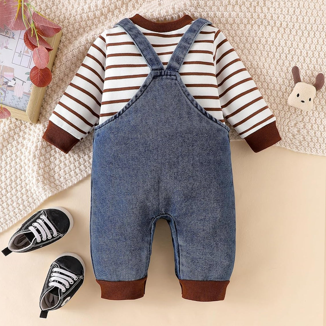 2PCS Timeless Dog Applique Stripe Printed Denim Overalls Baby Set